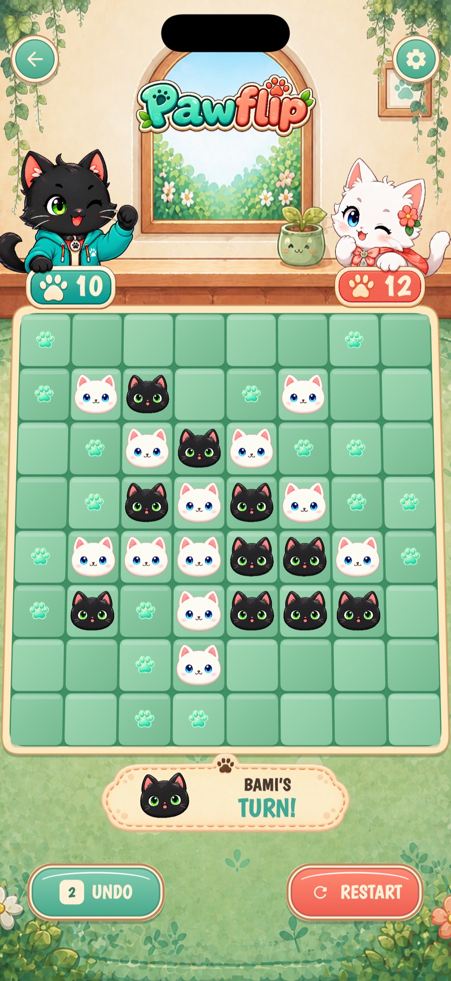 A Pawflip match in progress on a green game board