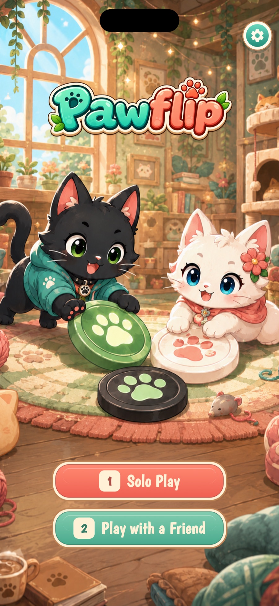 Pawflip home screen featuring Bami and Somi